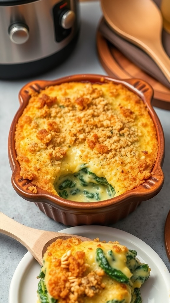 Creamy spinach gratin in a rustic dish, topped with breadcrumbs and melted cheese, ready to be served.